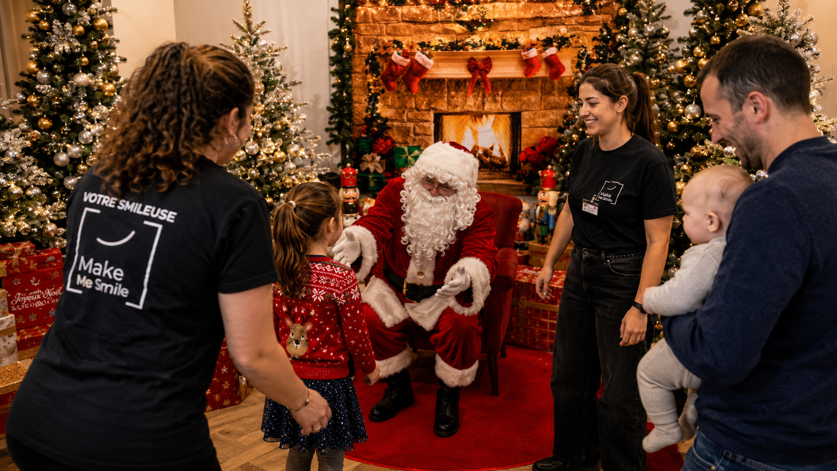 Arbre de Noël entreprise organisé par Make Me Smile avec familles, enfants et équipe événementielle